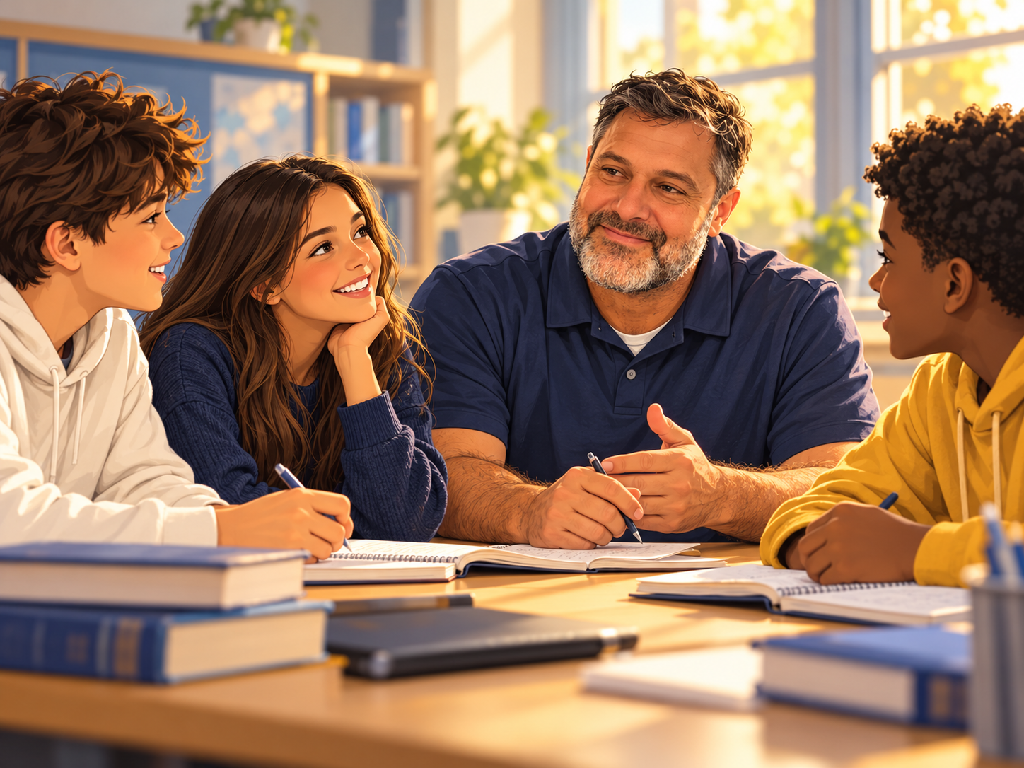 Anime-style illustration of an educator listening to students around a classroom table