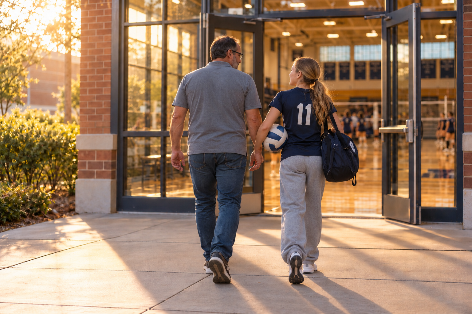 A high school volleyball player carrying her equipment bag and volleyball walks beside her father toward the gym doors, viewed from behind